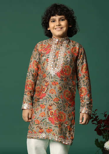 Grey Kurta Pant With Thread And Mirror Work For Boys