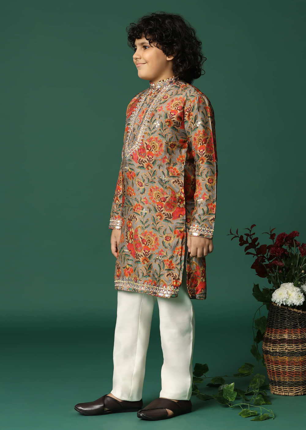 Grey Kurta Pant With Thread And Mirror Work For Boys
