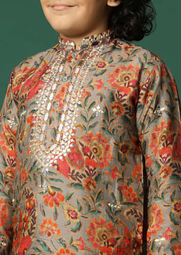 Grey Kurta Pant With Thread And Mirror Work For Boys