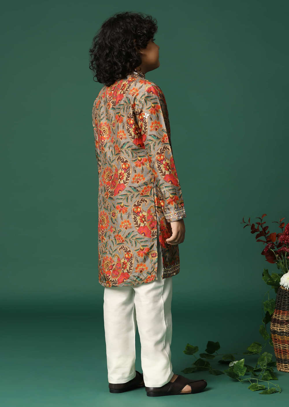 Grey Kurta Pant With Thread And Mirror Work For Boys