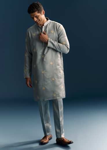 Grey Kurta Set For Men With Golden Thread Embroidery