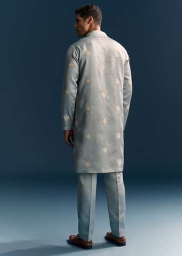 Grey Kurta Set For Men With Golden Thread Embroidery