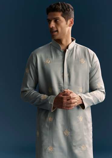 Grey Kurta Set For Men With Golden Thread Embroidery