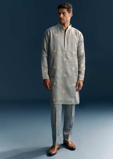 Grey Kurta Set For Men With Golden Thread Embroidery