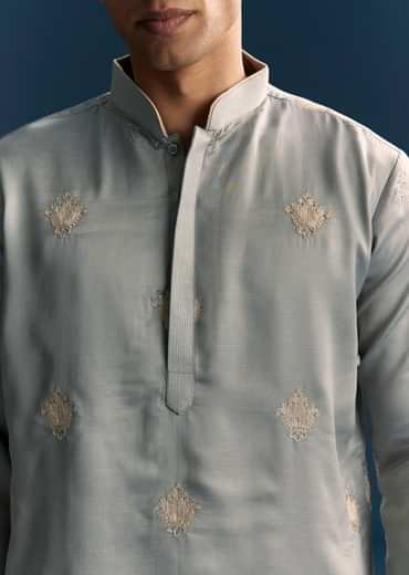 Grey Kurta Set For Men With Golden Thread Embroidery