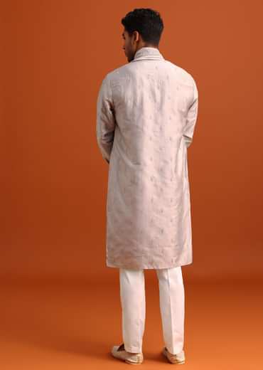 Grey Kurta Set In Raw Silk With Thread Work Dupatta
