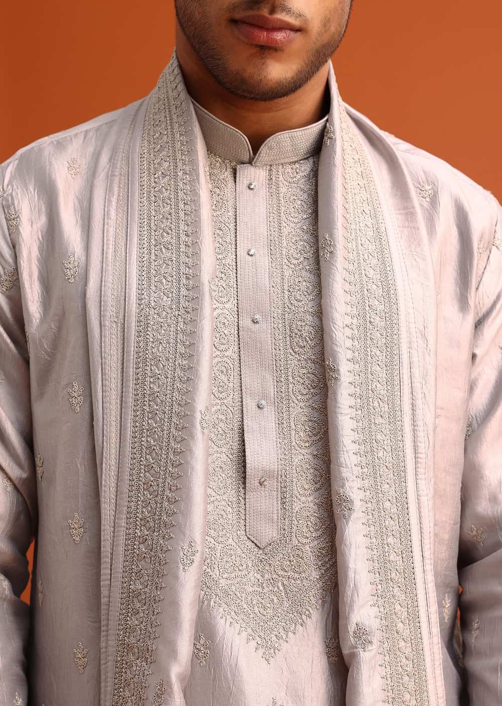 Grey Kurta Set In Raw Silk With Thread Work Dupatta
