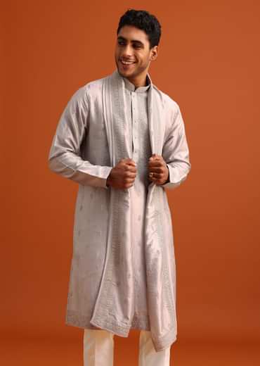 Grey Kurta Set In Raw Silk With Thread Work Dupatta