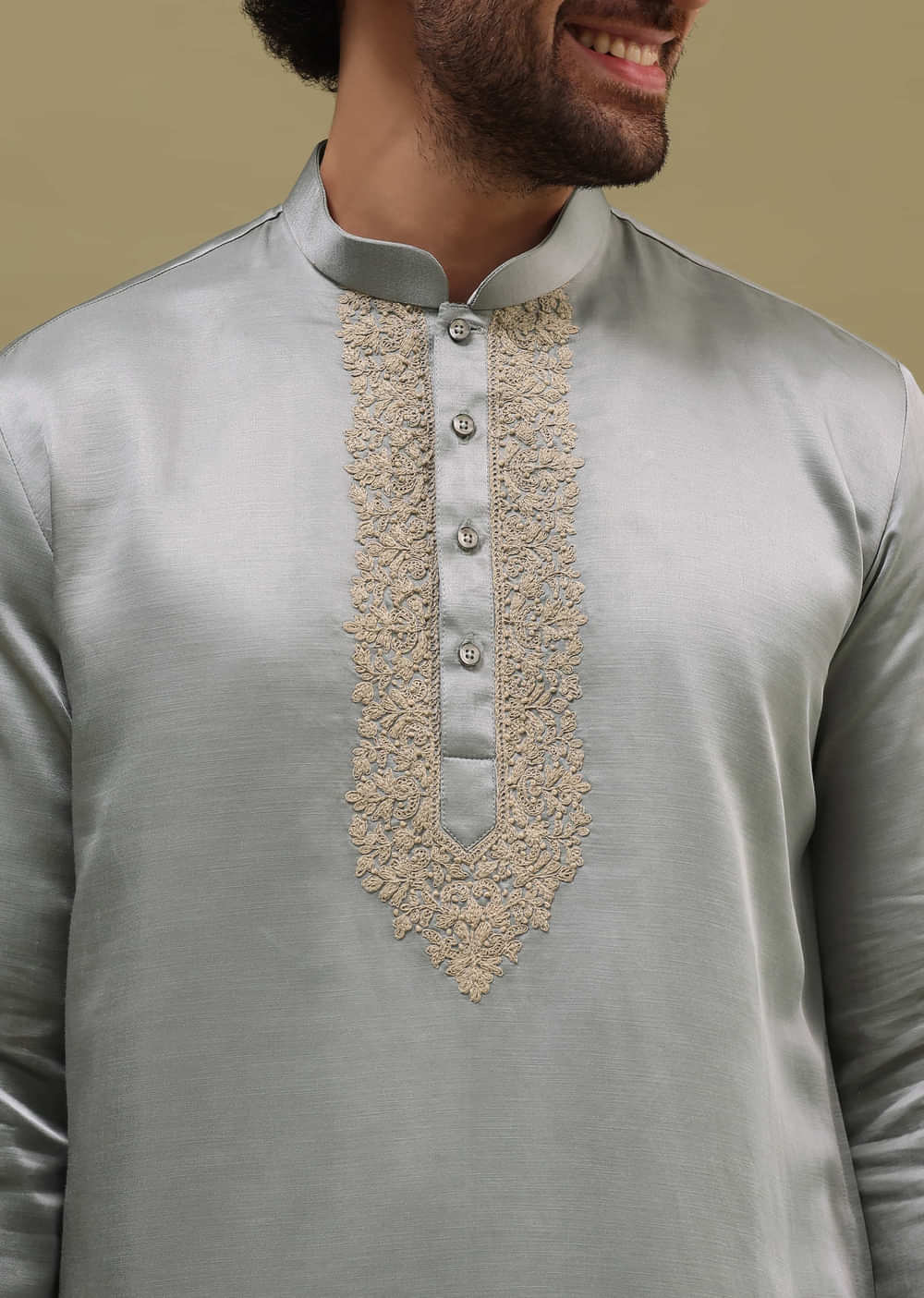 Grey Kurta Set In Resham Work With Dupatta For Men