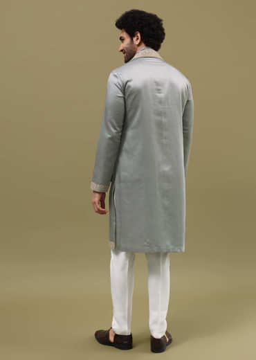 Grey Kurta Set In Resham Work With Dupatta For Men