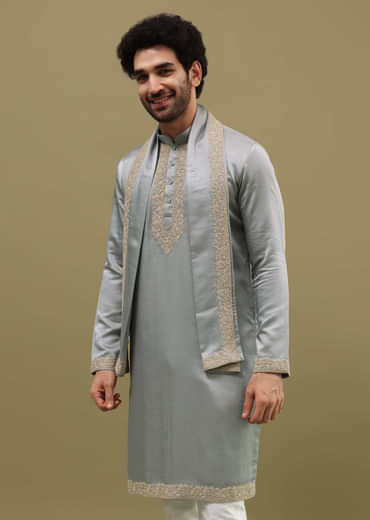 Grey Kurta Set In Resham Work With Dupatta For Men