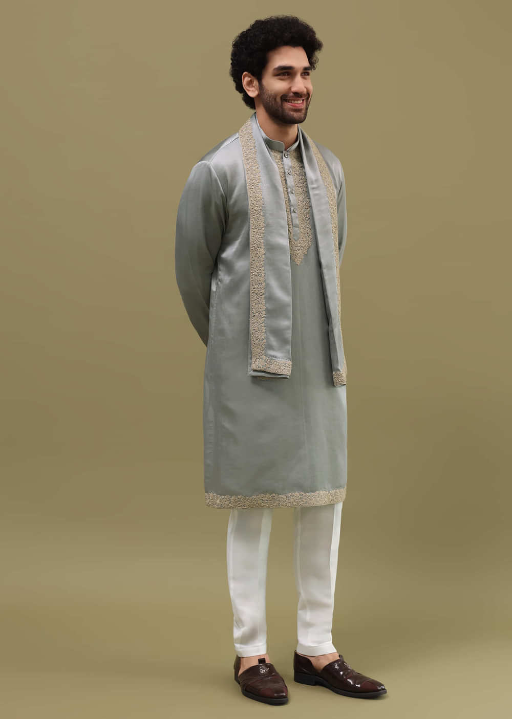 Grey Kurta Set In Resham Work With Dupatta For Men