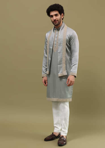 Grey Kurta Set In Resham Work With Dupatta For Men