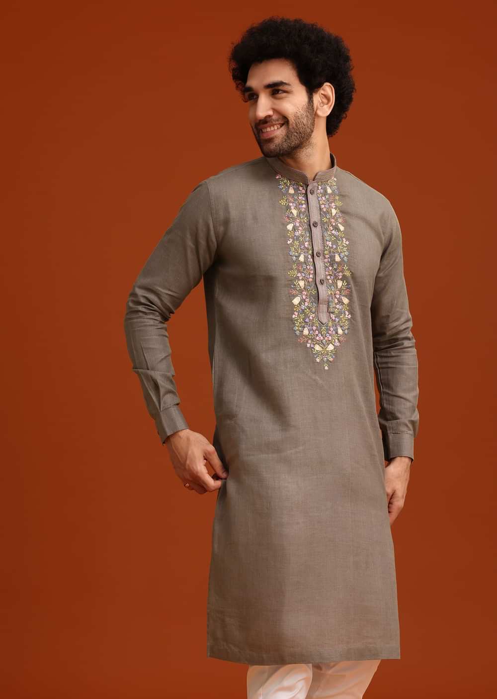 Grey Linen Floral Resham Hand Embroidered Kurta Set