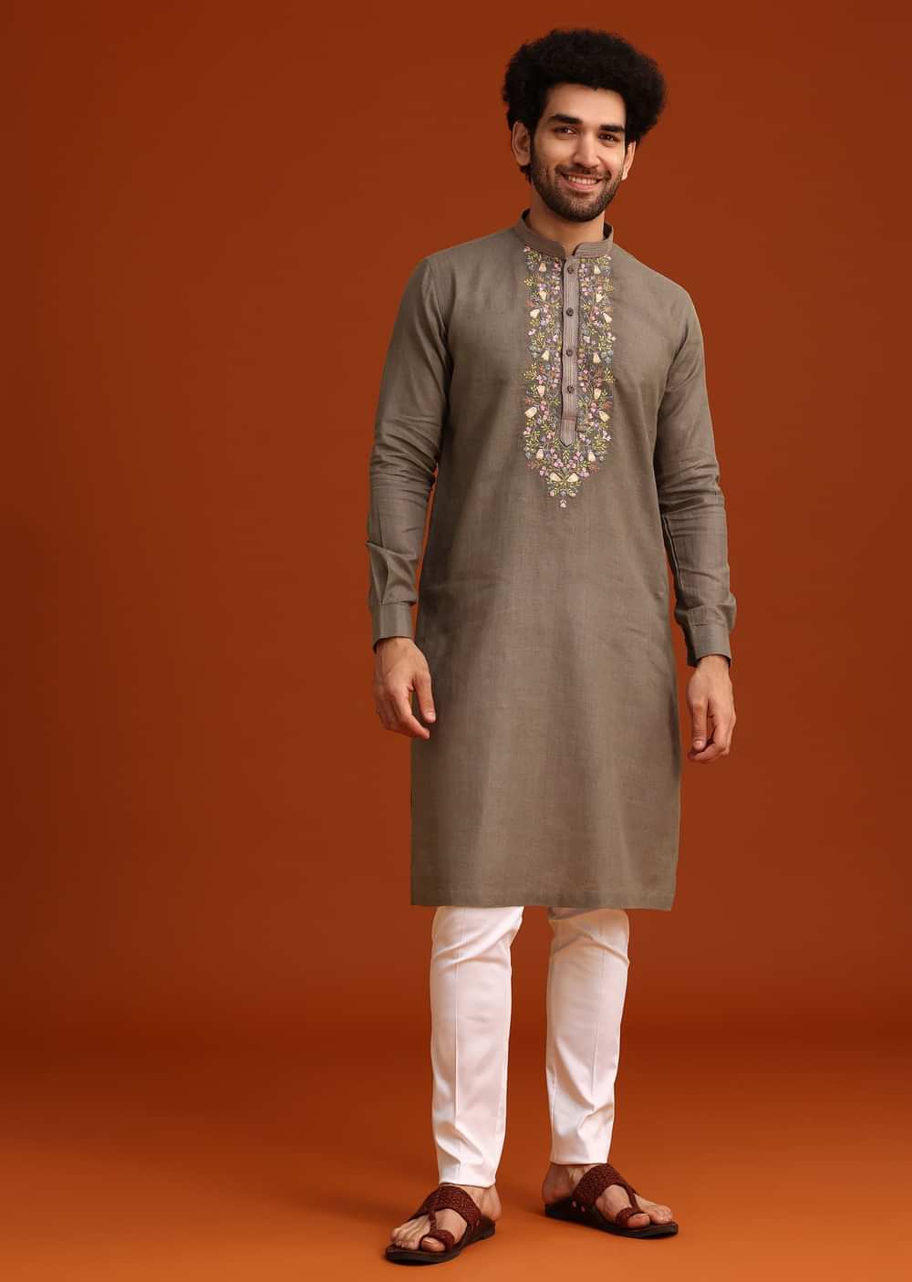 Grey Linen Floral Resham Hand Embroidered Kurta Set