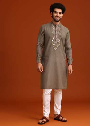 Grey Linen Floral Resham Hand Embroidered Kurta Set