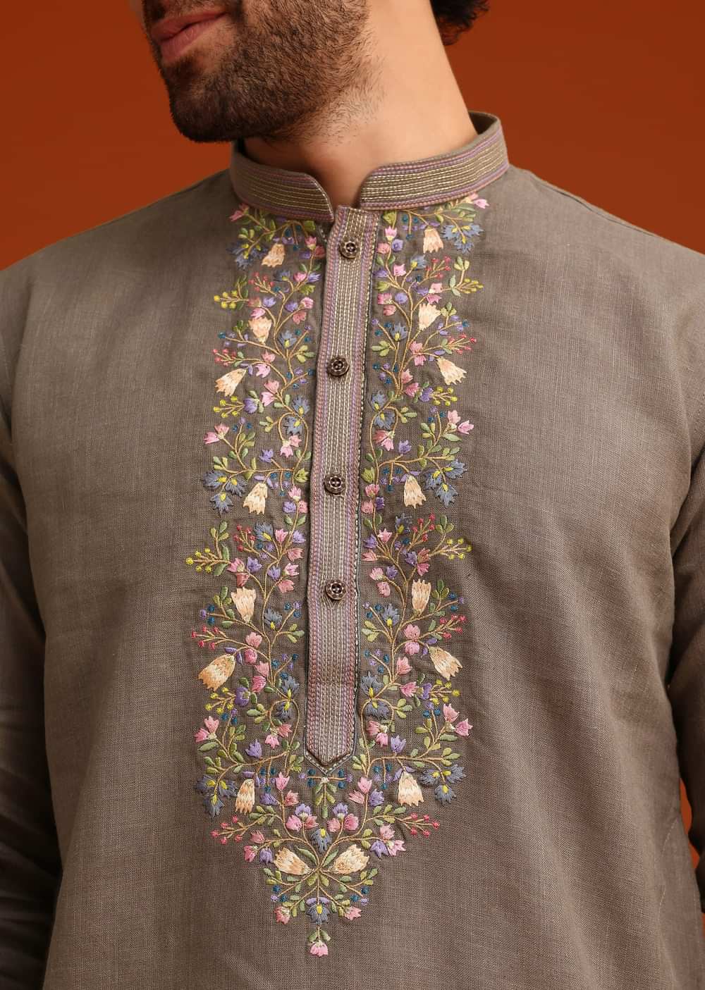 Grey Linen Floral Resham Hand Embroidered Kurta Set