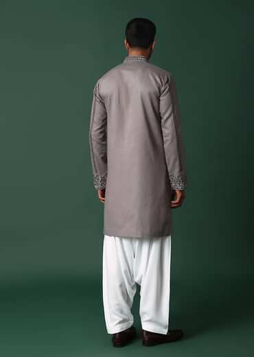 Grey Linen Kurta Set With Handwork Embroidery