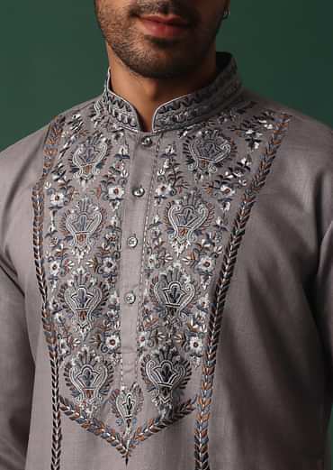Grey Linen Kurta Set With Handwork Embroidery