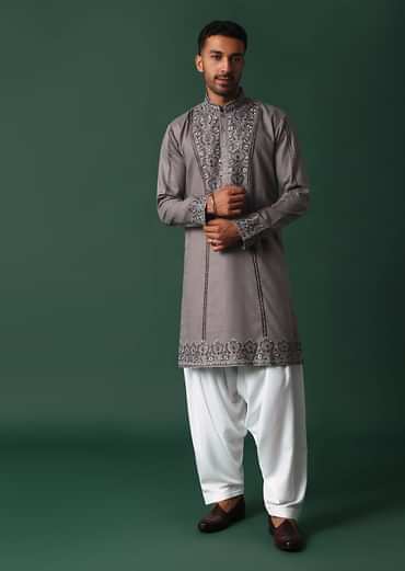 Grey Linen Kurta Set With Handwork Embroidery