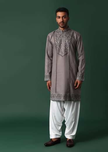 Grey Linen Kurta Set With Handwork Embroidery