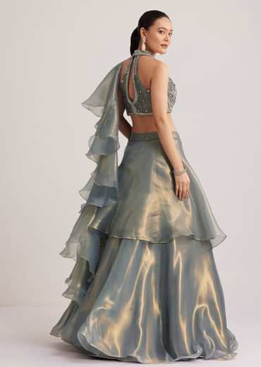 Grey Organza Embellished Lehenga Set With Dupatta