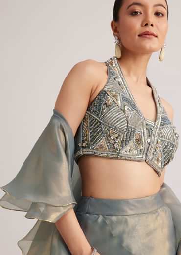 Grey Organza Embellished Lehenga Set With Dupatta