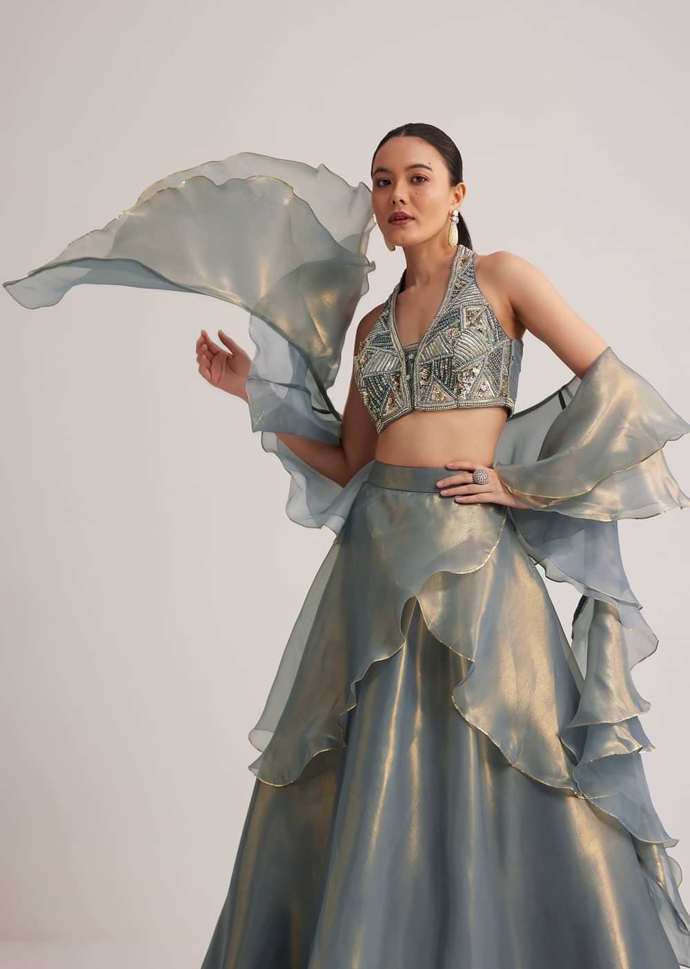 Grey Organza Embellished Lehenga Set With Dupatta