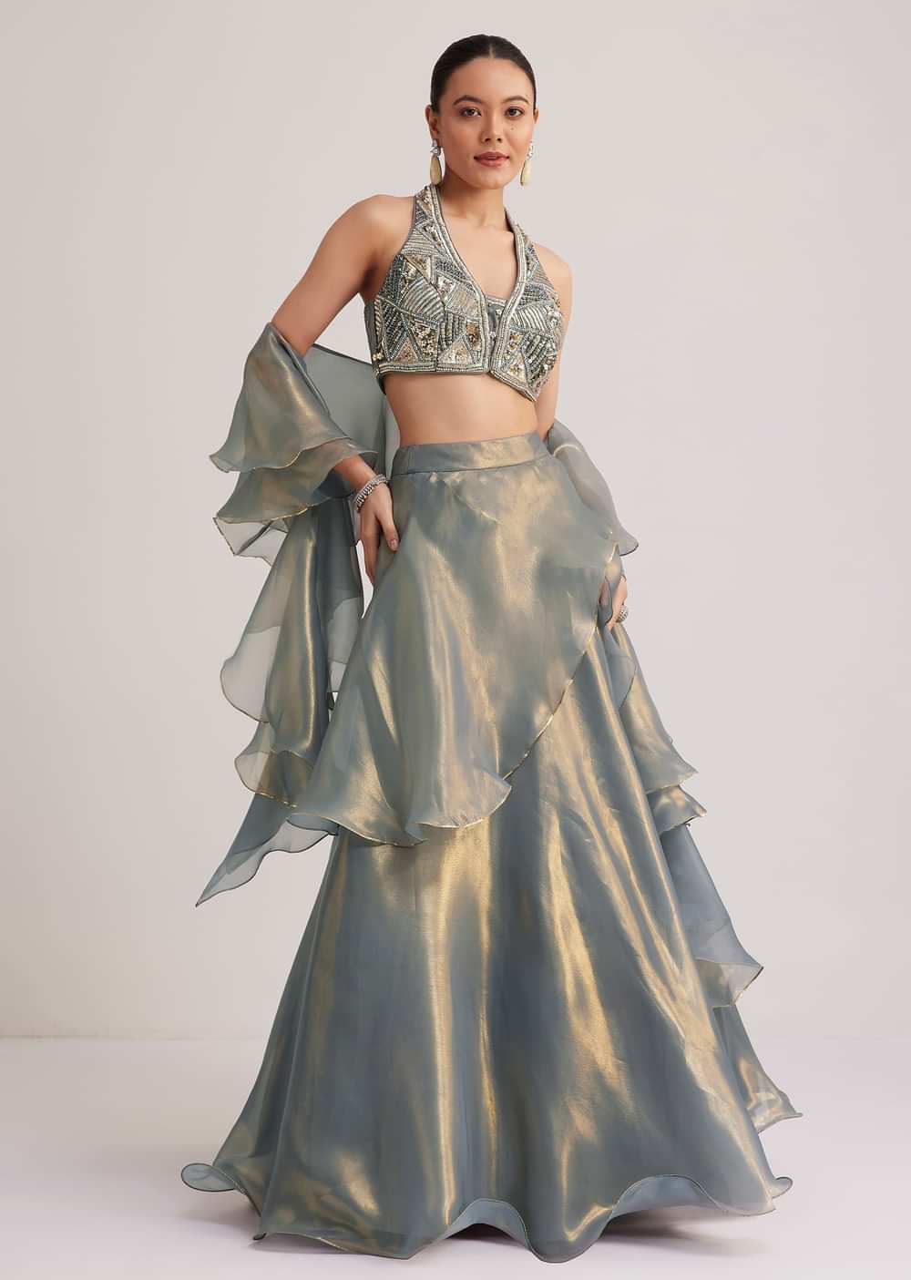 Grey Organza Embellished Lehenga Set With Dupatta