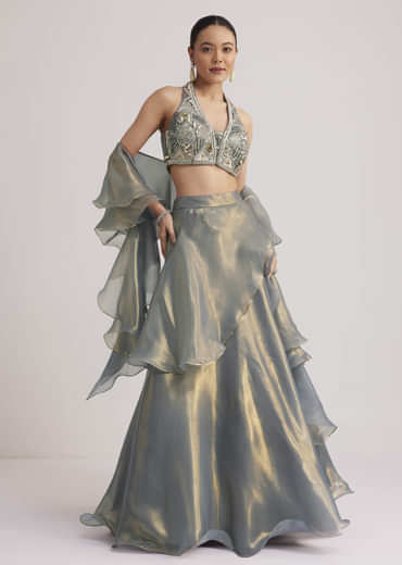 Grey Organza Embellished Lehenga Set With Dupatta