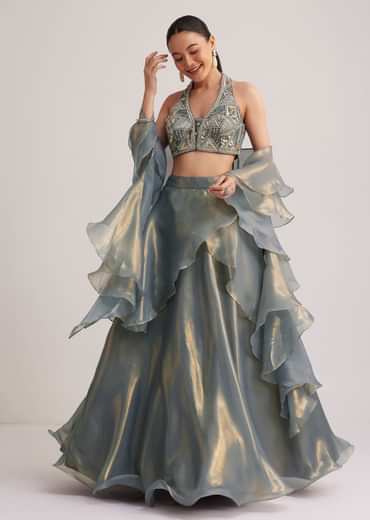 Grey Organza Embellished Lehenga Set With Dupatta