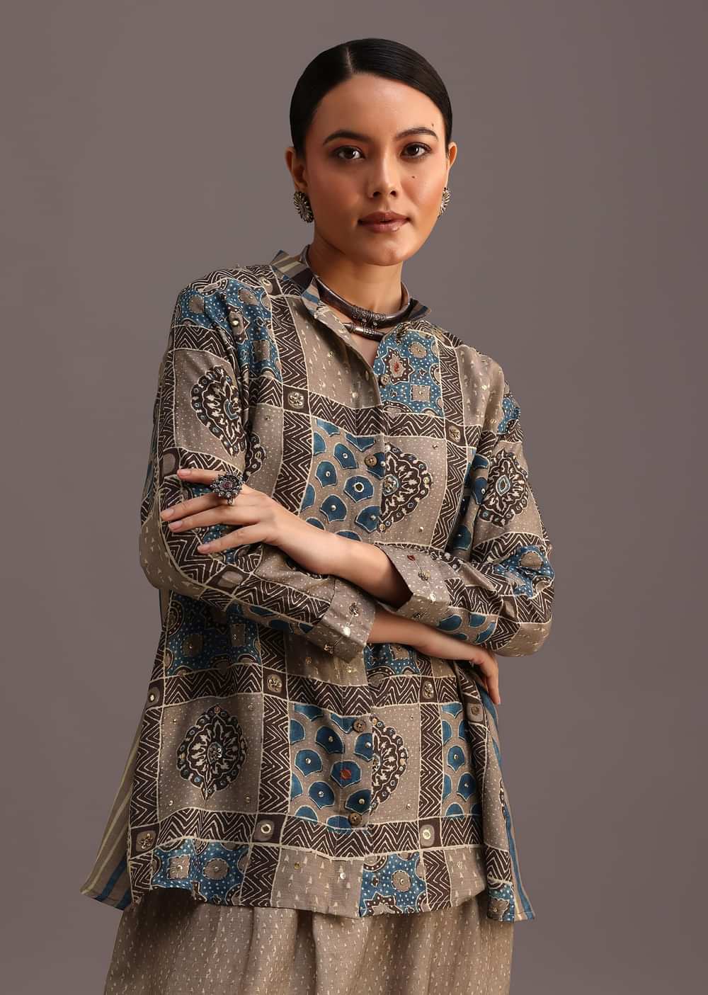 Grey Printed Shirt Salwar Set With Embroidery