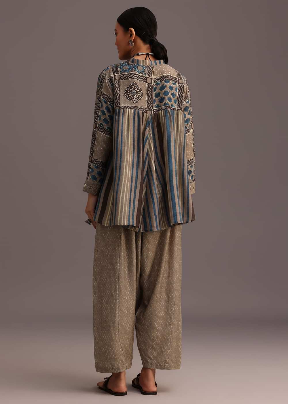 Grey Printed Shirt Salwar Set With Embroidery