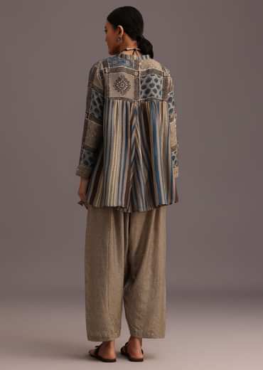 Grey Printed Shirt Salwar Set With Embroidery