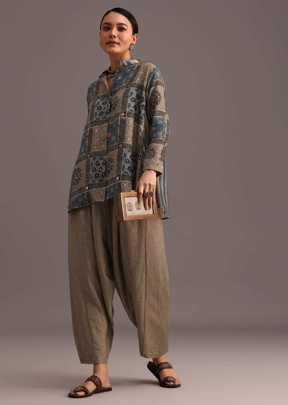 Grey Printed Shirt Salwar Set With Embroidery