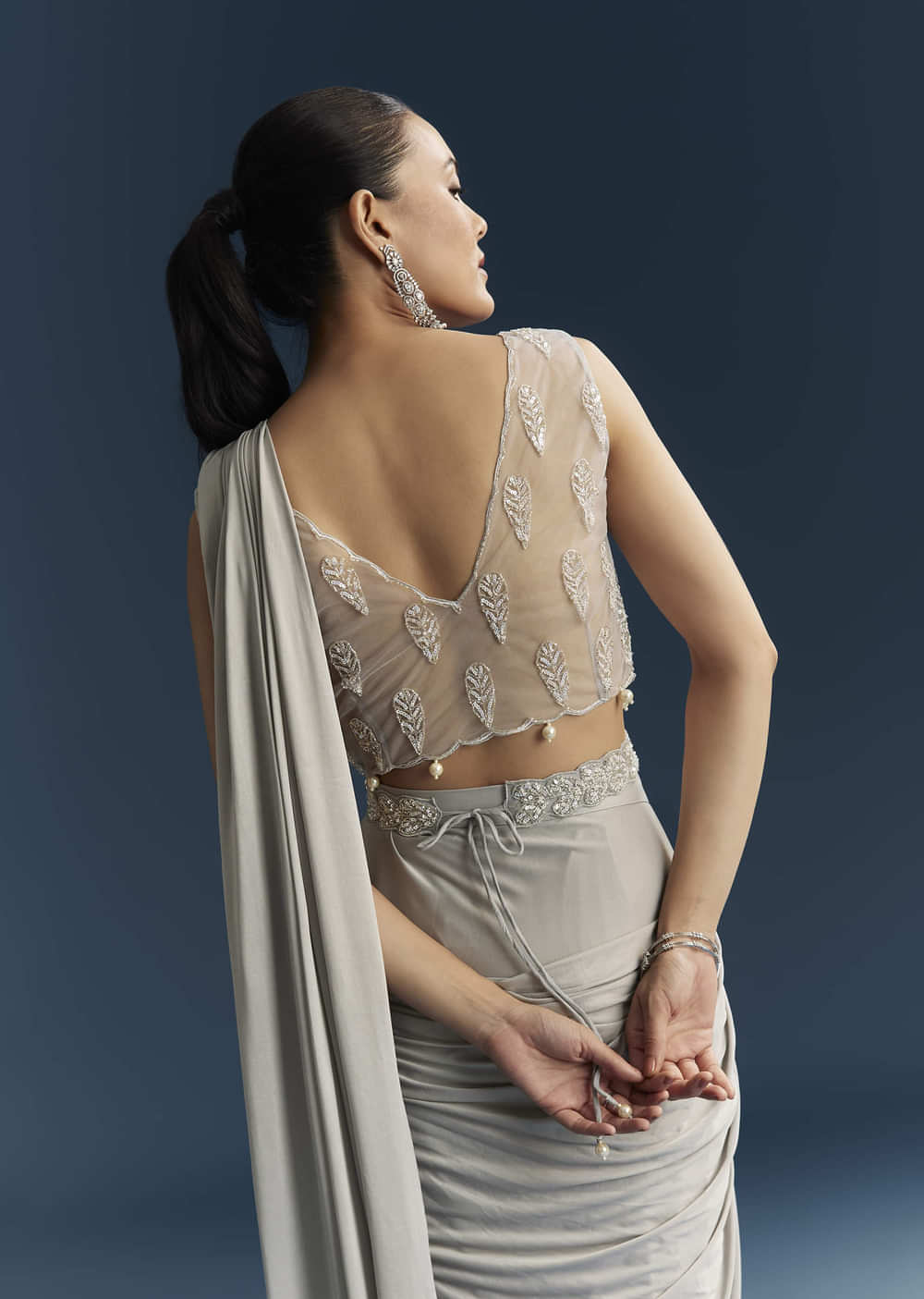 Grey Ready Pleated Saree With Cutdana And Sequins Work