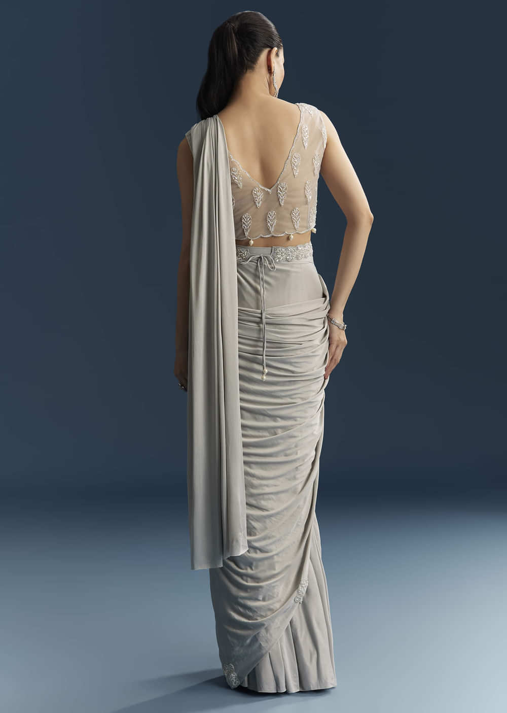 Grey Ready Pleated Saree With Cutdana And Sequins Work