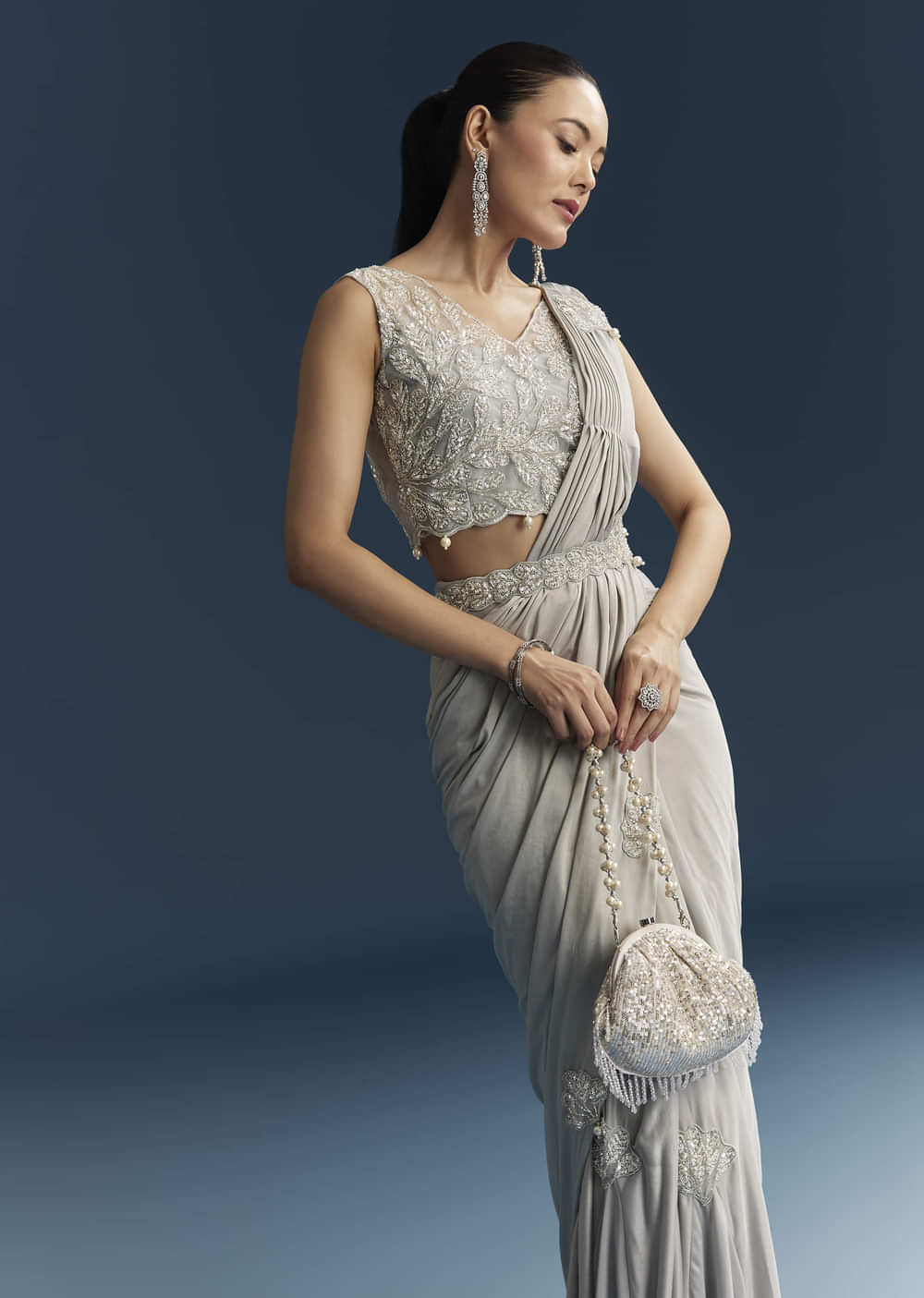 Grey Ready Pleated Saree With Cutdana And Sequins Work