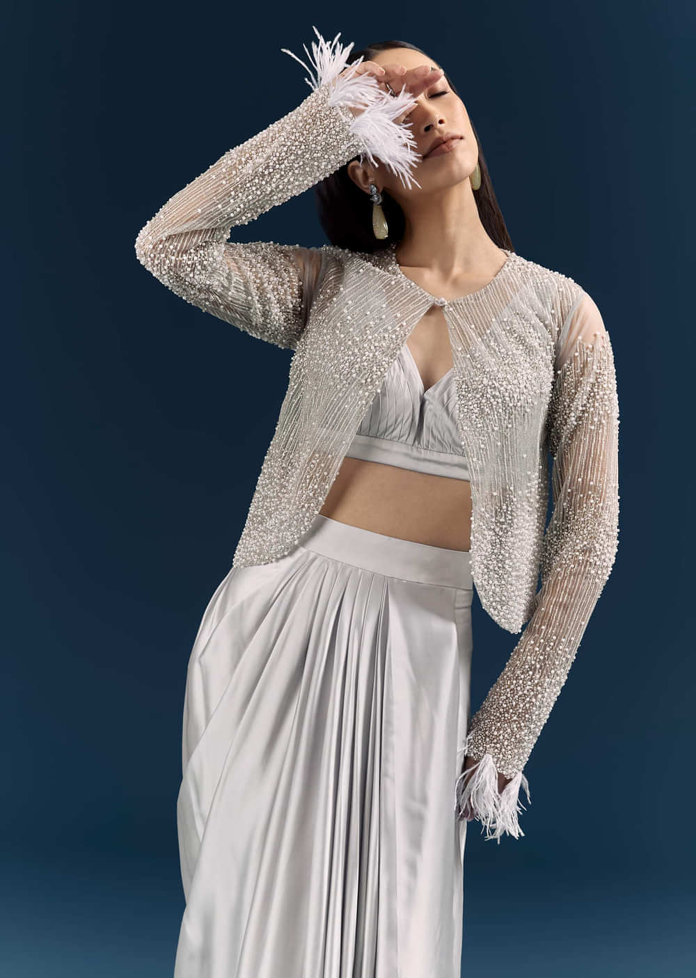 Grey Satin Crop Top And Drape Skirt With Embellishments