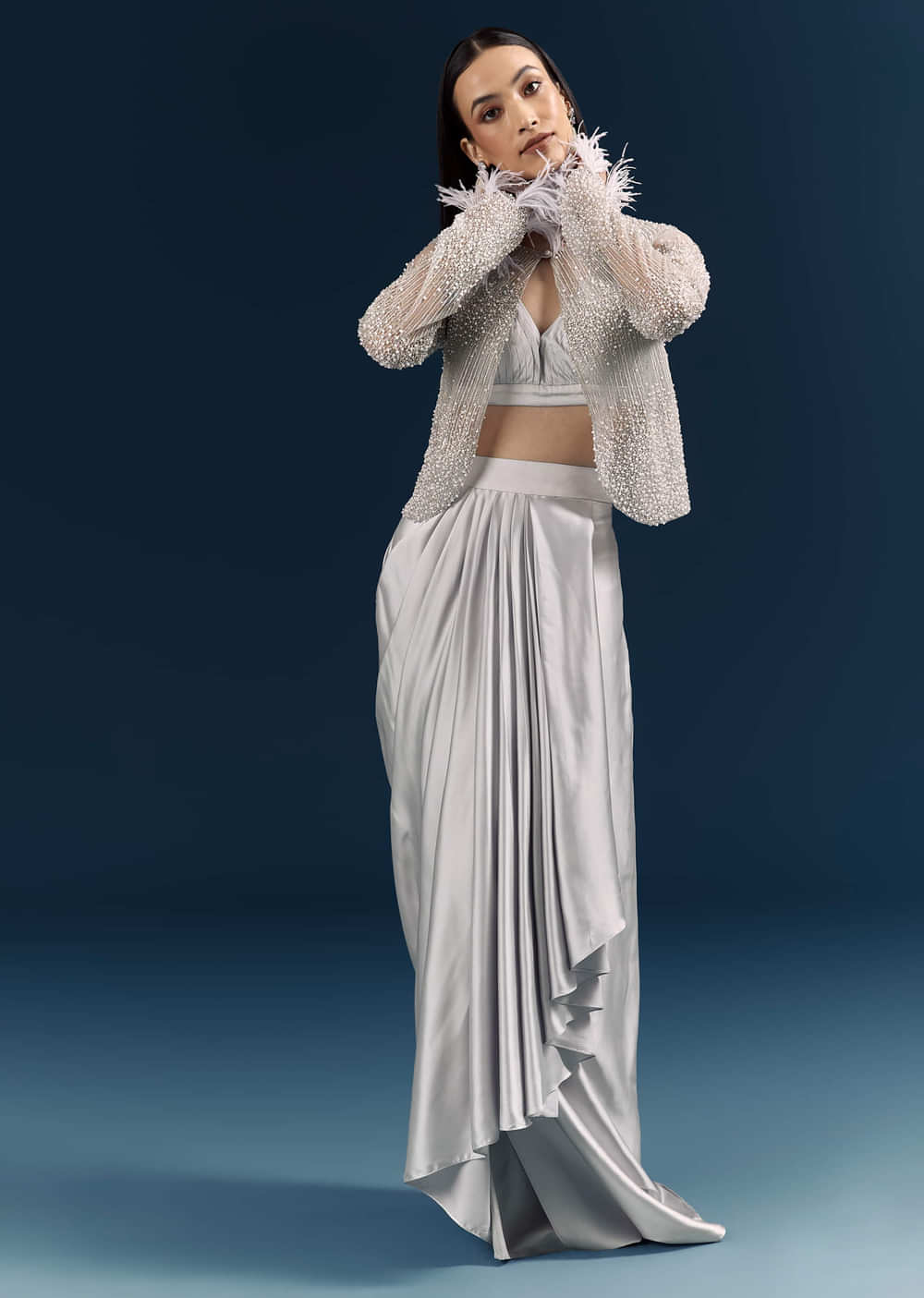 Grey Satin Crop Top And Drape Skirt With Embellishments