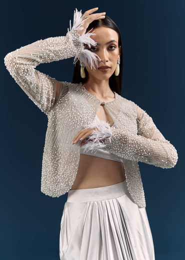 Grey Satin Crop Top And Drape Skirt With Embellishments