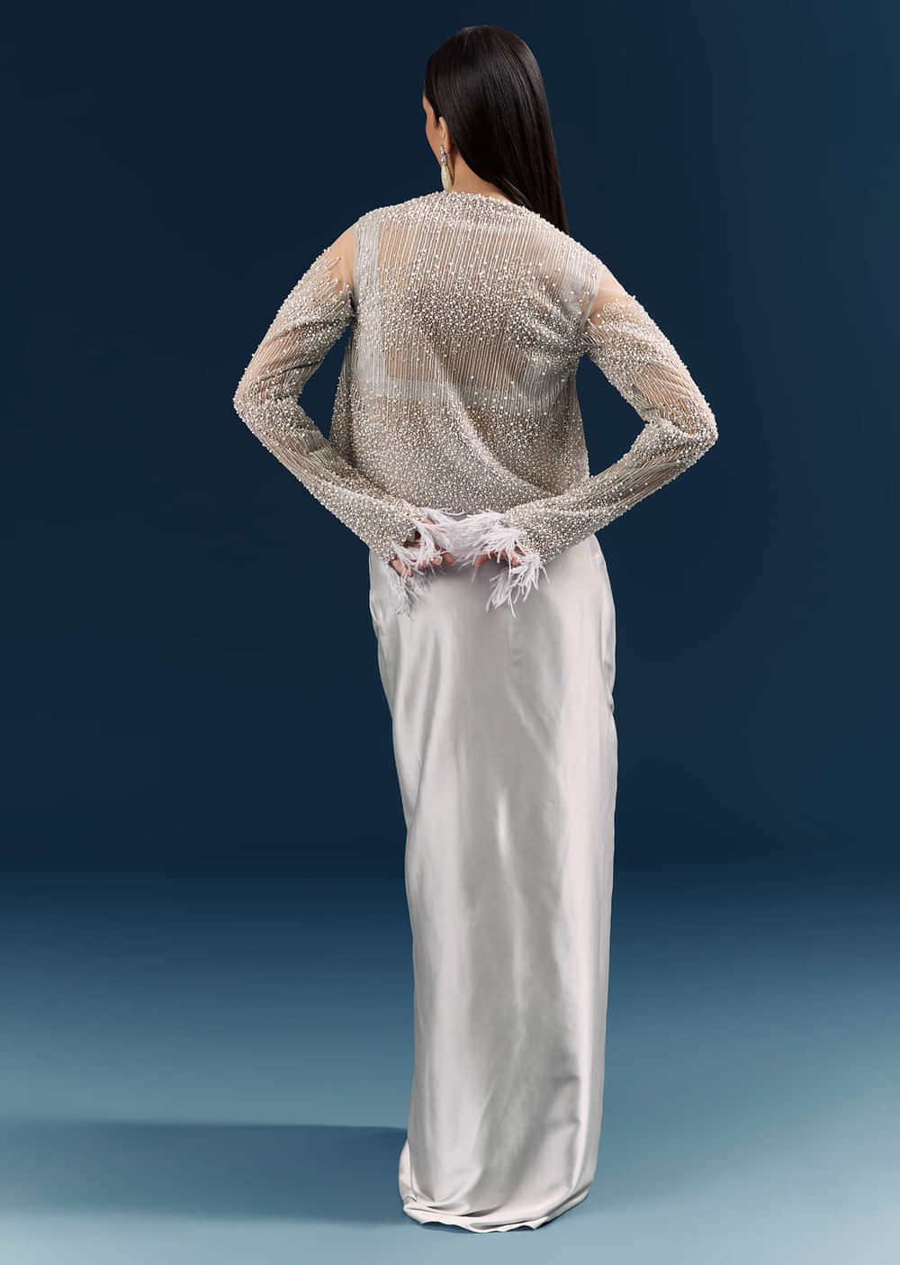 Grey Satin Crop Top And Drape Skirt With Embellishments