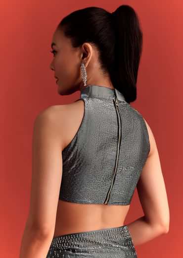 Grey Satin Saree With Stone And Diamond Work