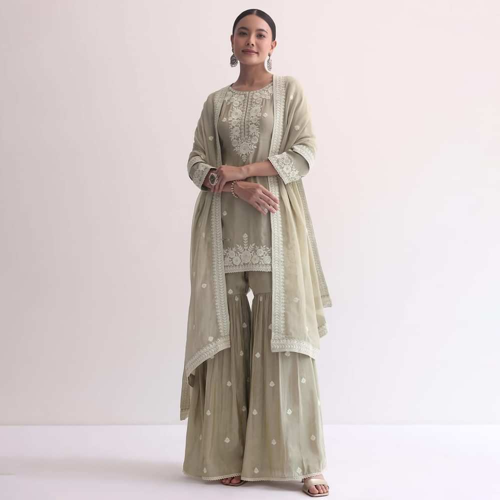 Grey Sequin Embroidered Sharara Set