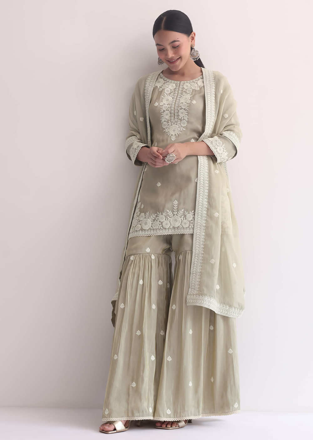 Grey Sequin Embroidered Sharara Set