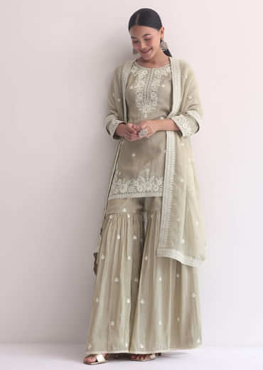 Grey Sequin Embroidered Sharara Set