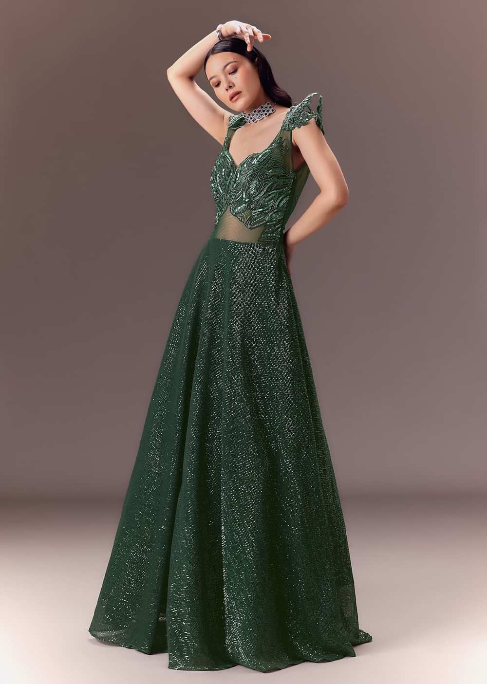 Grey Sequin Flared Gown With 3D Hand Work