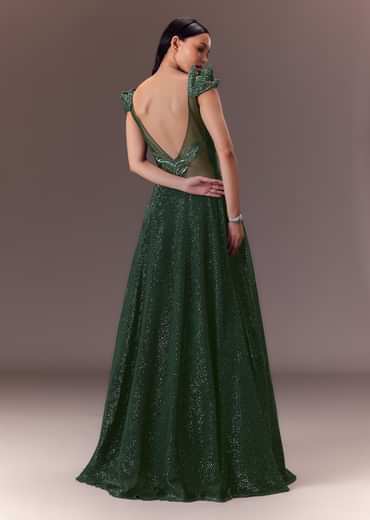 Grey Sequin Flared Gown With 3D Hand Work