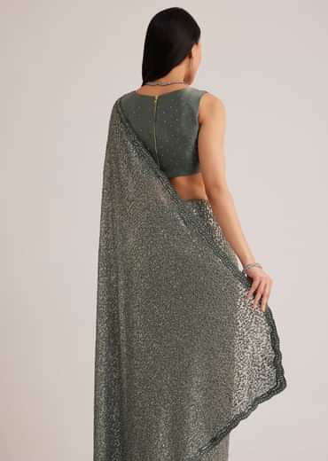 Grey Sequins Net Saree