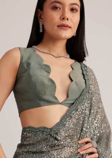 Grey Sequins Net Saree